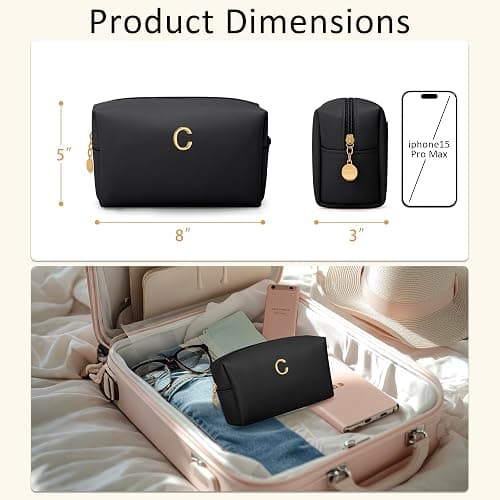 CLOUDWINGS Gifts for Women Bridesmaid Gifts Personalized Initial Makeup Bag PU Leather Cosmetic Waterproof Travel Toiletry Bag (Black C) thumbnail 3