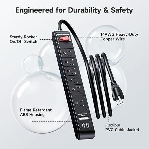 [ETL Listed] Cable Matters 2-Pack 6-Outlet Surge Protector Power Strip with USB Ports - 8ft, Long Extension Cord, Surge Protector with USB Ports, Black thumbnail 5
