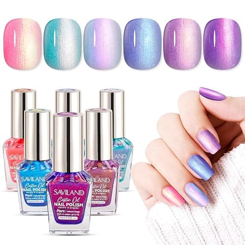 SAVILAND 6pcs Ombre Nail Polish Sets: Charm Pink Blue Gold Purple Pearl Summer Fingernail Polish Colors Air Quick Dry Nail Polish Plant-base Castor Oil Natural Nail Lacquer Women Home Manicure DIY - Image 1
