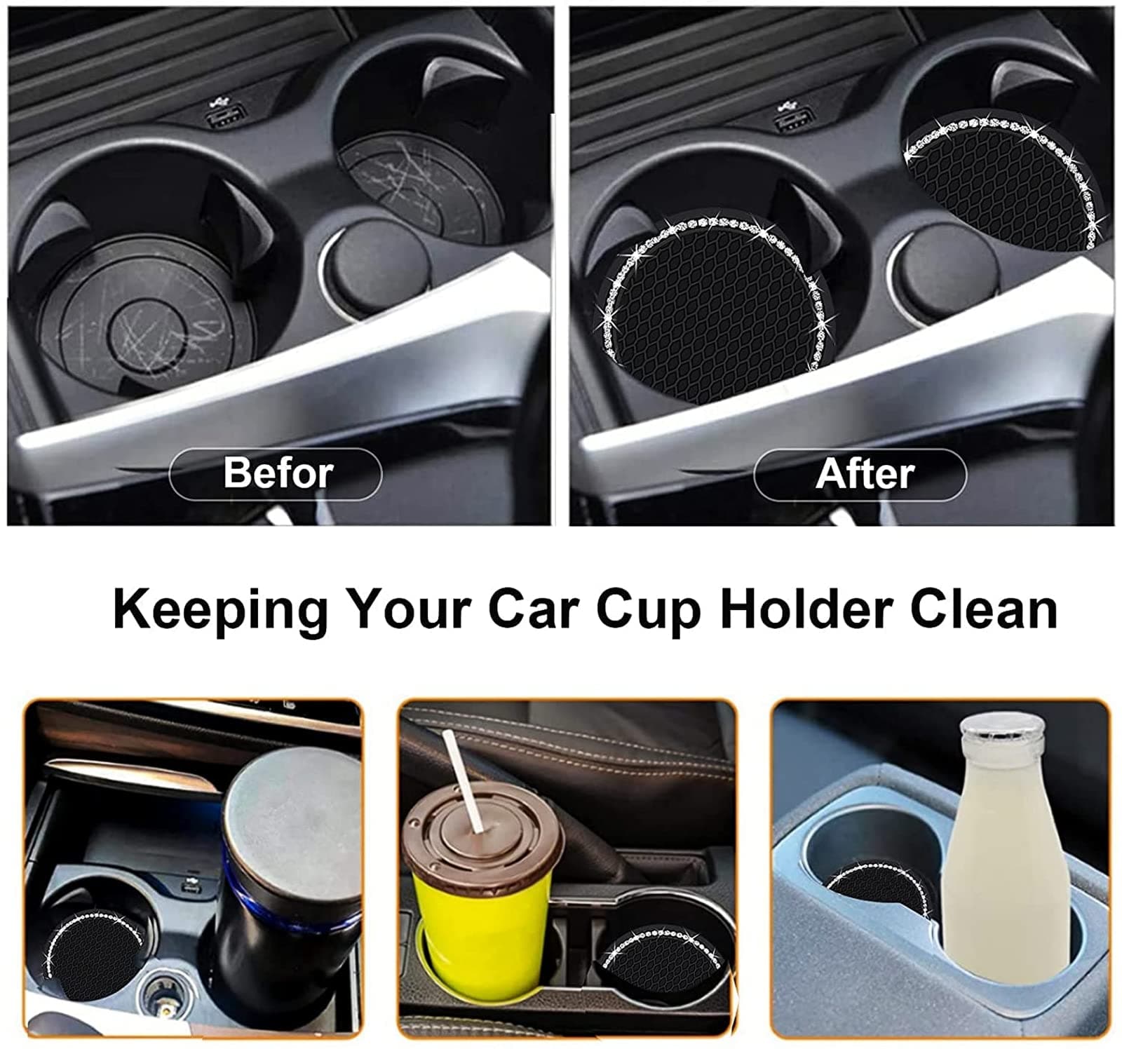 2 Pieces Bling Silicone Anti-Slip Cup Holder Insert Coaster and Engine Ignition Button Ring - Car Interior Accessories With Crystal Rhinestone (Black) thumbnail 5