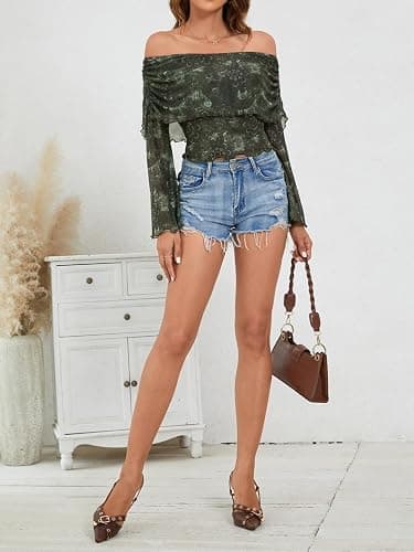 Verdusa Women's 70s Off The Shoulder Renaissance Tops Bell Flared Sleeve Floral Fairycore Mesh Crop Tops thumbnail 6