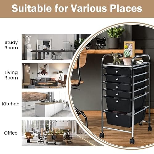 COSTWAY 6-Drawer Rolling Storage Cart, Multifunctional Art Craft Tools Organizer on Wheels, Heavy Duty Utility Mobile Storage Trolley w/ 2 Lockable Wheels for Home Office School (Black) thumbnail 7