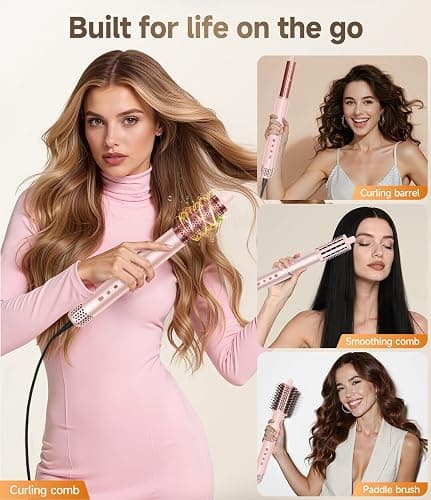 8 in 1 Hair Styler & Air Dryer Wrap Curler, High-Speed Negative Ionic Foldable Hair Tools Fast Drying, Multi Professional Hot Air Styler for Curling Volumizing Straightening Styling (Pink) thumbnail 5