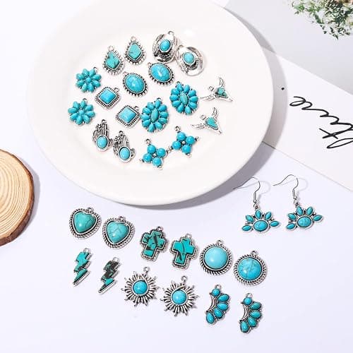 NVENF 32PCS Western Charms for Jewelry Making, Synthetic Turquoise Vintage Cactus Heart Flower Lightning Cowboy Boot Pendant for Bracelet Necklace Earring DIY Crafts thumbnail 4