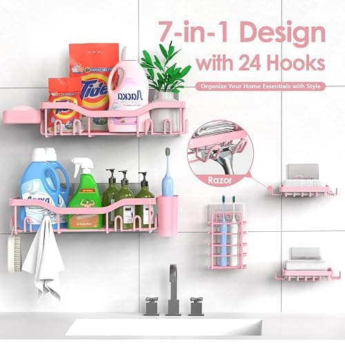 NESOMI Shower Caddy Adhesive Shower Organizer 7-Pack, Rustproof Stainless Steel Bathroom Shelves, Large Capacity No-Drill Rack Storage Accessories with Soap Dish Toothbrush Holder Hooks thumbnail 4