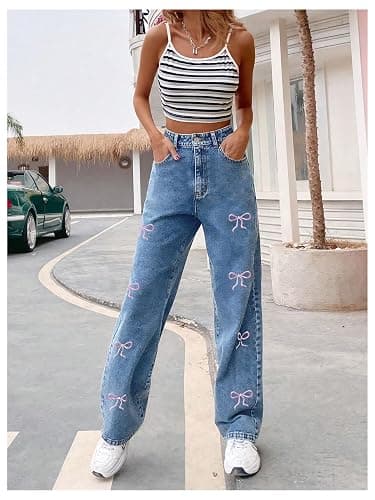 SweatyRocks Women's Casual Straight Leg Jeans Bow Embroidery High Waist Denim Pants with Pockets thumbnail 4