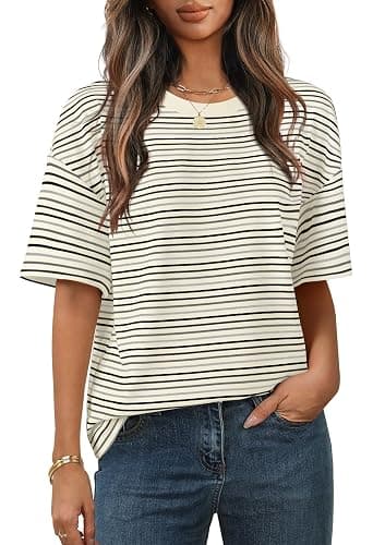 MEROKEETY Women's Summer Short Sleeve Shirt Casual Colourful Striped Crewneck Loose Tops Blouse - Image 1