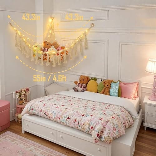 Stuffed Animal Hammock with 75LEDs, Extra Large 55in Toy Storage Macrame Hammock, Hanging Toy Net for Kids Bedroom Doll Room Corner Organizer, USB Plush Toy Hammock with Remote(XL) thumbnail 4