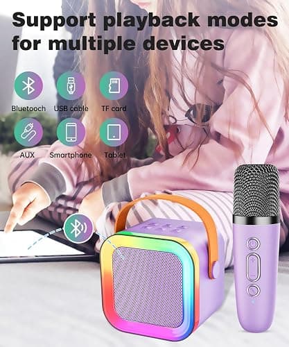 Mini Karaoke Machine Speaker for Kids Adults,Portable Bluetooth with 1-2 Wireless Microphones,Christmas Birthday Gifts Toys Girls Boys Ages 4, 5, 6,7, 8,9,10,11,12+ Years Old Toddler (Purple - 1 Mic) thumbnail 4