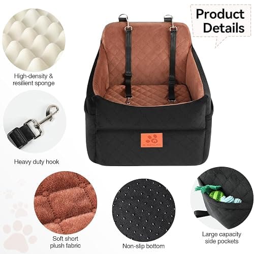 GL GLENSLAVE Dog Car Seat for Small/Medium Dogs, Dog Booster Car Seats with Thick Cushion for Dogs Under 35 lbs, Detachable Washable Pet Carseat with Storage Pockets, 2 Safety Belts(Black/Brown) thumbnail 5
