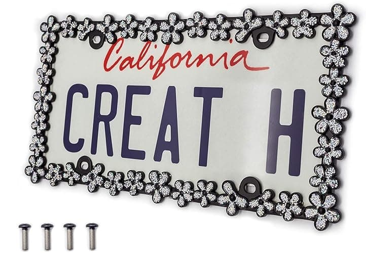 Creathome 3D Shining Daisy Wrenth License Plate Frame from Pure Zinc Alloy Metal Perfect Plate Holder,Matt Black with Silver Glitter thumbnail 2