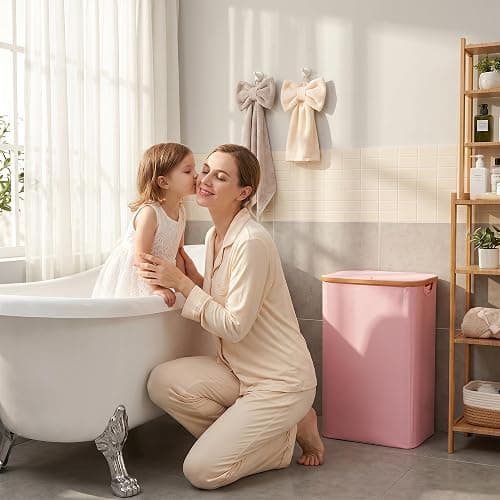 iEGrow 65L Slim Laundry Hamper, Narrow Laundry Basket with Lid,Foldable Clothes Hamper with Bamboo Handles,Hamper Basket with Removable Inner Bag for Laundry Room Bedroom College Dorm,17.17 Gals Pink thumbnail 7