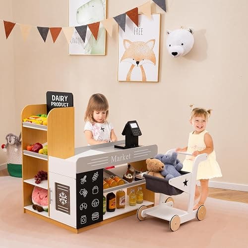 HONEY JOY Kids Grocery Store Playset, Wooden Play Store with Shopping Cart, Toddler Supermarket Checkout Stand w/Blackboard, Display Shelves, Grocery Store Pretend Play, Gift for Boys Girls, Natural thumbnail 2