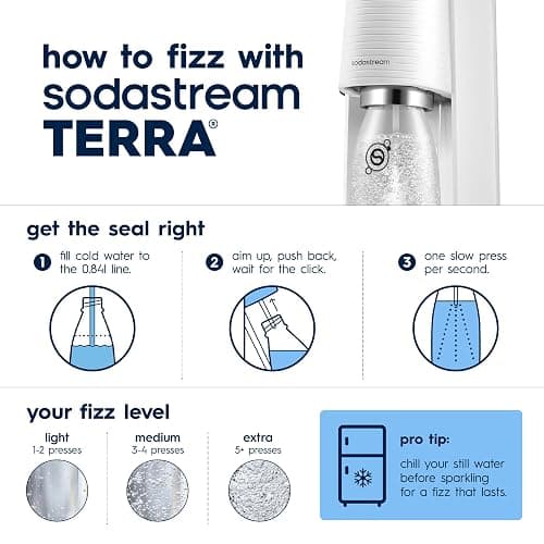 SodaStream TERRA Sparkling Water Maker, Value Bundle, CQC CO2 System, Includes 2 Quick Connect 60L CO2 Cylinders, 3 Dishwasher Safe BPA Free Bottles, 2 bubly Drops, Make your own Pepsi, White thumbnail 5