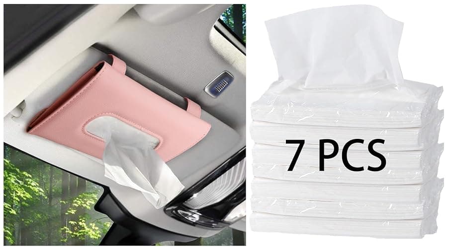 Car Tissue Holder with 7 PCS Tissue Refill, Sun Visor Napkin Holder, Car Tissue Box for Sun Visor, Paper Dispenser for Auto, Car Case Refill Tissue, Pink Car Accessories for Women - Image 1