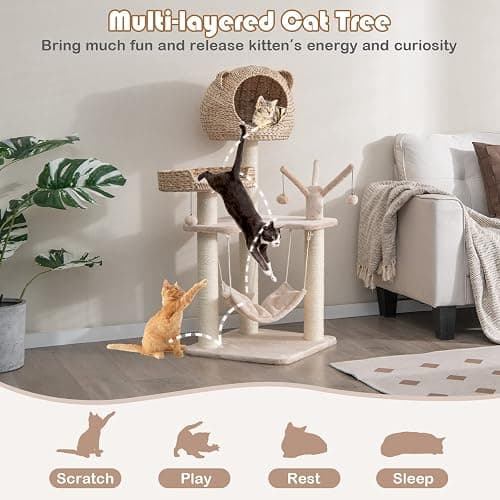 Tangkula Modern Cat Tree Tower, Multi-Level Tall Activity Center with Natural Sisal Scratching Posts, Hammock, Hand-Made Cattail Cute Condo with Funny Toy Balls thumbnail 9