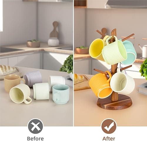 E-ROOM TREND Acacia Wood Mug Holder Tree, 6 Hooks Wooden Mug Organizer for Kitchen Counter & Coffee Bar, Easy to Assemble, Natural Wood Color, Ideal for Small to Medium Mugs thumbnail 6