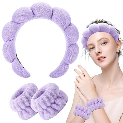 Zkptops Spa Headband for Washing Face Wristband Set Sponge Makeup Skincare Headband Terry Cloth Bubble Soft Get Ready Hairband Women Girl Puffy Padded Headwear Non Slip Thick Hair Accessory(Purple) thumbnail 8