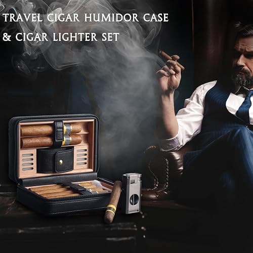 BZWBZ Travel Cigar Humidor Set,Torch Lighter with Cigar V Cutter, Hole Punch, Spanish Cedar Wood Humidor,Black Leather thumbnail 6