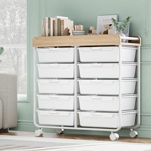 Meuble de rangement à roulettes en plastique avec 10 tiroirs, chariot à roulettes avec tiroirs, chariot de rangement pour salle de bain, cuisine, salon et chambre à coucher, Blanc thumbnail 9