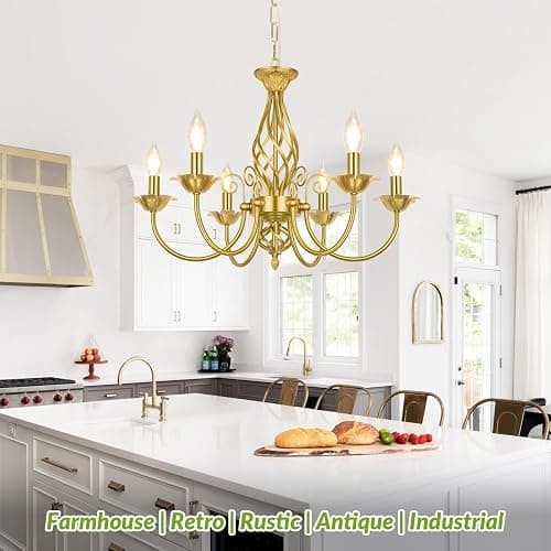 VerRon 6-Light Farmhouse Candle Chandelier for Dining Room, Luxury Gold | Vintage Ceiling Hanging Lamp, Rustic Industrial Pendant Ceiling Light Fixture for Living Room Bedroom Kitchen, E12 Socket thumbnail 2