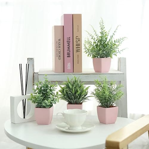summer flower 4 Pack Small Fake Plants in Pink Pot Artificial Plant Indoor Eucalyptus Wheat Grass Ferns Rosemary Faux Greenery for Room Decor Home Office Desk Bathroom Kitchen Living Room Decorations thumbnail 2