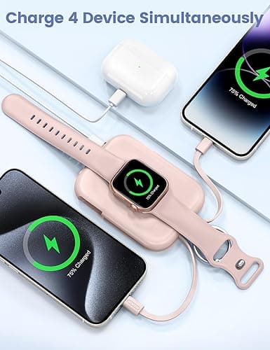 RORRY Portable Charger, 5000mAh Portable Charger Power Bank with Built-in Cables, Travel Keychain Battery Pack for Apple Watch Ultra 2/9/8/Ultra/7/6/SE/5, iPhone 16/15/14/13/12, Pink - Pink thumbnail 4