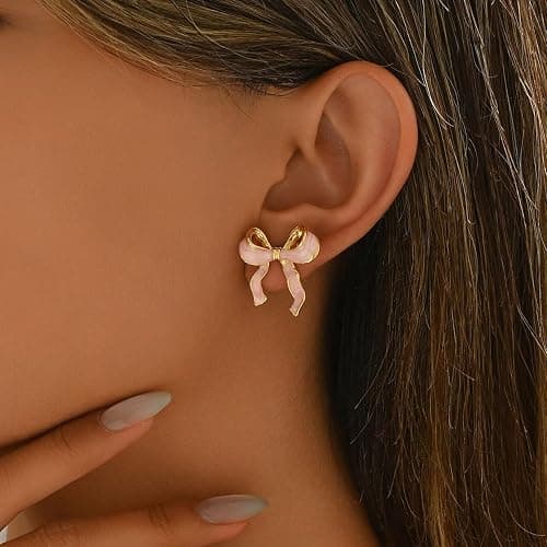Pink Bow Earrings for Women Cute Bow Ribbon Stud Earrings Trendy Christmas Jewelry for Women thumbnail 2