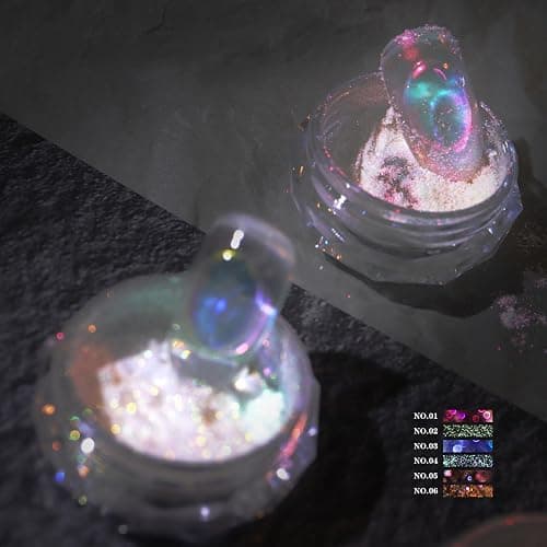 Ice Transparent Aurora Nail Powder Neon Rainbow Holographic Chameleon Powder Multi Chrome Iridescent Pigment Pearlescent Nail Art Glitters (6 Boxes Transparent) thumbnail 6
