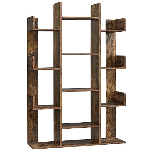 VASAGLE Bookshelf, Tree-Shaped Bookcase with 13 Storage Shelves, Rounded Corners, 9.8”D x 33.9”W x 55.1”H, Rustic Brown ULBC67BXV1 - Image 1