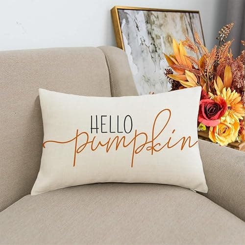 RABUSOFA Fall Decor Throw Pillow Covers,Autumn Decorative Cushion Covers, Orange Hello Pumpkin Decorative Pillowcases,Farmhouse Haoliday Decorations for Sofa Couch Outdoor White 12x20 Inch/30x50 cm thumbnail 4