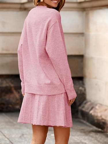 Tankaneo Womens Skirt 2 Piece Sweater Set Long Sleeve Crewneck Sweaters Pleated Mini Skirt Knit Lounge Sets thumbnail 4