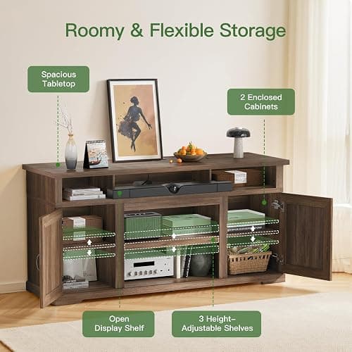Marsail 70" Rustic Farmhouse TV Stand, Entertainment Center Fits TVs up to 80 Inch, Storage Cabinets, Adjustable Shelves & Built-in Power Outlets, for Living Room, Dark Brown thumbnail 5