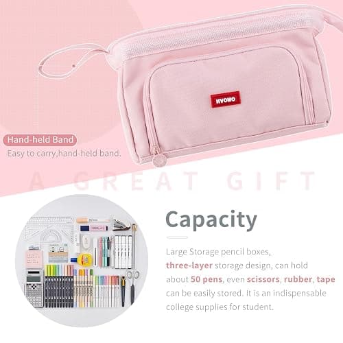HVOMO Pencil Case Large Capacity Pencil Pouch Handheld Pen Bag Cosmetic Gift for Office School Teen Girl Boy Men Women Adult (Pink) - Pink thumbnail 2