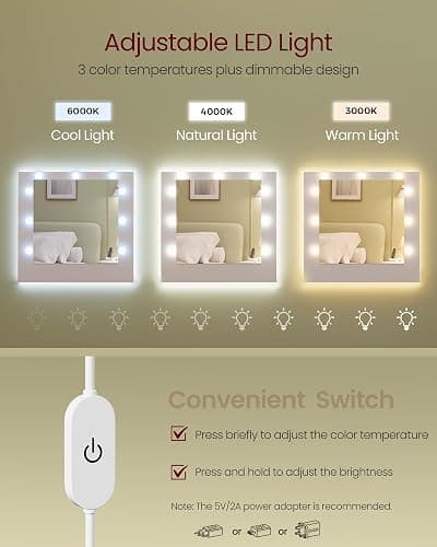 VASAGLE 43.3-Inch Vanity Desk with Mirror and Lights, 3 Drawers 2 Cabinets | Modern Vanity Table with 9 LED Bulbs, Power Outlets, for Bedroom, Cloud White, KAILYN Collection URDT142WB01S thumbnail 6
