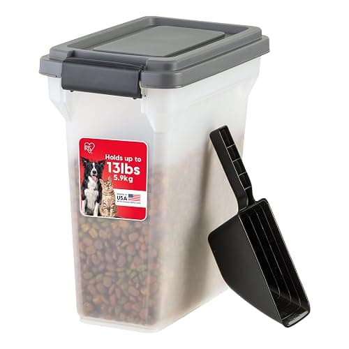 IRIS USA Dog Food Storage Container, Airtight Lid, 2-Cup Scoop, Up to 13 Pounds Pet Food Storage, Versatile Pet Food Bin, Treats, BPA Free, Dark Gray - Image 1