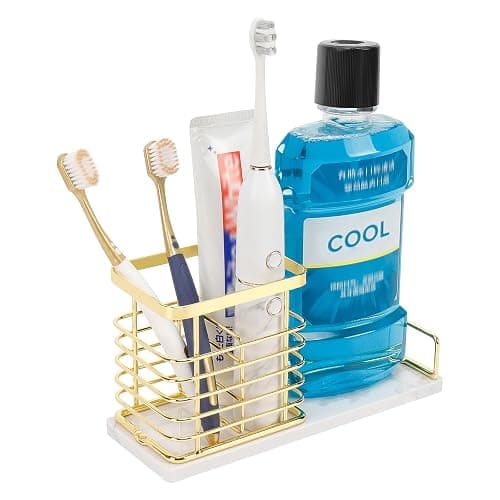 HarJue Toothbrush Holder, Luxurious Metal Toothbrush Toothpaste Holder with Marble Base for Bathroom, Multi-Slots Openwork Design, Bathroom Accessory for Storage and Organizer (Large, Gold) - Image 1