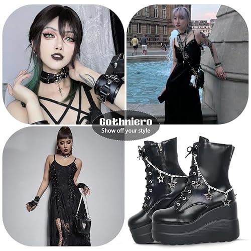 Gothniero Platform Goth Ankle Boots for Womem Black Holographic Combat Chunky Heel Boots with Side Zip Lace Up Wedge Booties US5.5-11 thumbnail 5
