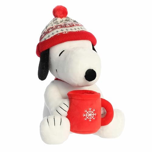 Aurora® Festive Peanuts® Winter Hat Snoopy with Mug Stuffed Animal - Officially Licensed Toys for All Snoopy Fans - Perfect for Holiday Decorations or Gifts - White 12 Inches - Image 1