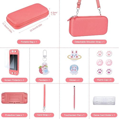 innoAura Switch Lite Case 18-in-1 Accessories Bundle for NS Switch Lite (2019), with Protective Carrying Case, Game Holder, Screen Protector & Cute Thumb Grips, Coral thumbnail 2