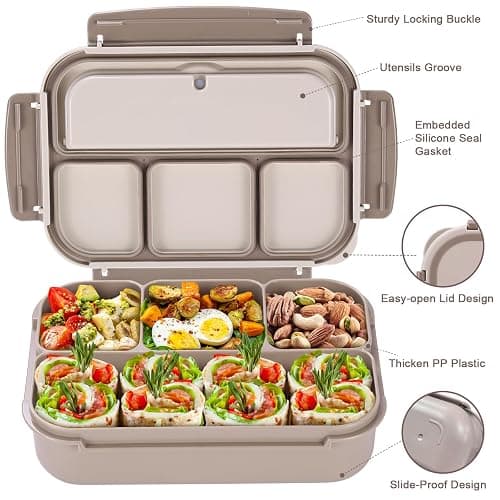 Bento Box Adult Lunch Box, Containers for Adults Men Women with 4 Compartments, Lunchable Food Container with Utensils, Sauce Jar, Muffin Liners, 40 Oz/5 Cup, Microwave & Dishwasher Safe, Brown thumbnail 4