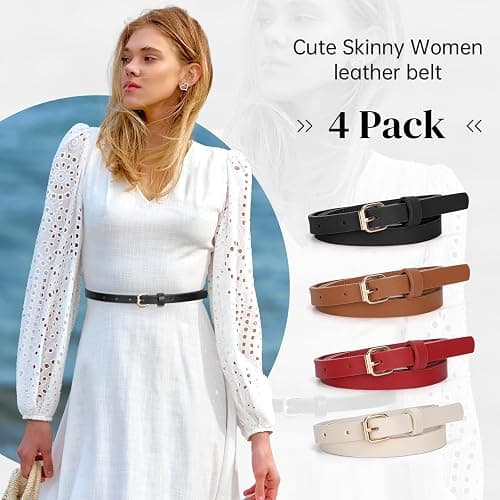 JASGOOD 4 Pack Skinny Women Leather Belt for Dresses Thin Waist Belt for Jeans Pants with Gold Buckle thumbnail 2