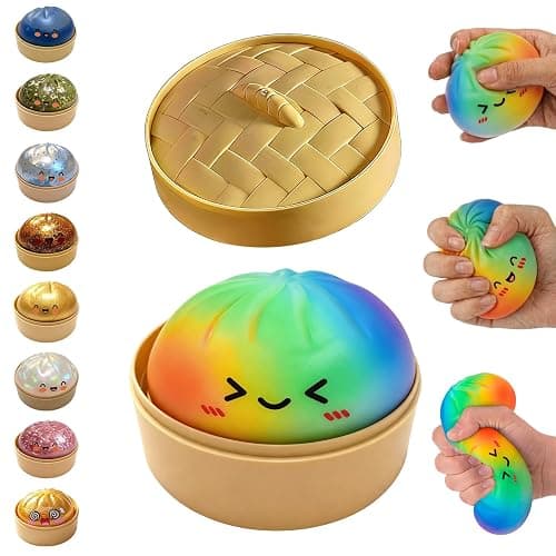 Glitter Dumpling Squishy,Dumpling Squishies,Glitter Dumpling Mystery Box,Colorful Dumpling Stress Balls Fidget,Jumbo Squishy Toy with Steamer Box,Soft Squeeze Decompression Dough (Rainbow Colors) - Image 1