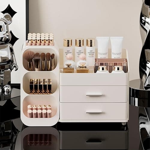 KQJS Makeup Organizer with Drawers,Large Capacity Countertop Organizer for Vanity,Bathroom and Bedroom Desk Cosmetics Organizer,Easy To Storage Skincare,Brushes,Lotions,Lipstick (All Cream) thumbnail 7