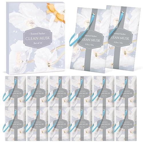 SCENTORINI Clean Musk Scented Sachets 14 Pack for Wardrobes Drawers Closets | 14 Clean Musk Scented Sachets with Hanging Strings for Wardrobes, Drawers, Closets and Storage Spaces - Image 1