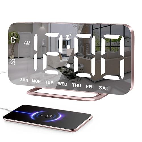 Slim LED Digital Alarm Clock, Mirror Surface for Makeup, with Diming, Large Display, Easy Setting, USB Ports, Modern Decor for Bedroom, Desk, Christmas, Birthday Idea Gift for Women, Sister, Mom, Pink - Image 1