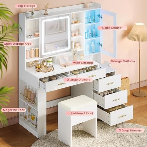 DICTAC Makeup Vanity Desk with Sliding LED Lighted Mirror, 47.2"W Large Vanity Desk with Drawers, Shelves and Side Storage, RGB Glass Cabinet, White Vanity Table Set with Charging Station for Bedroom thumbnail 5