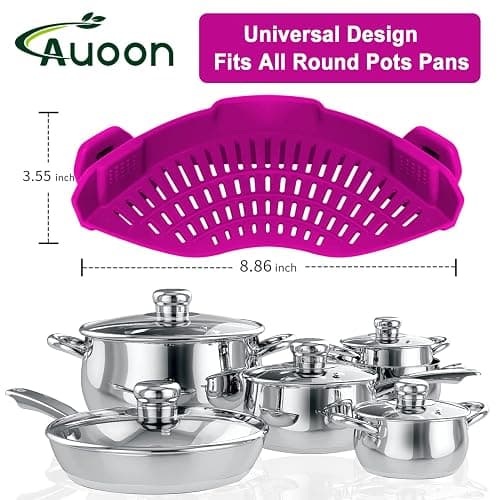 AUOON Clip On Strainer Silicone for All Pots and Pans, Pasta Strainer Clip on Food Strainer for Meat Vegetables Fruit Silicone Kitchen Colander (Purple) thumbnail 2