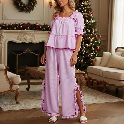 Bocymolay Women Christmas Red Plaid Pajamas Set Gingham Short Sleeve Babydoll Shirt Ruffle Pants 2 Piece Pj Loungewear thumbnail 6