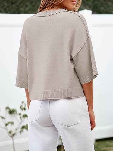 Cicy Bell Womens Half Sleeve Cardigan Sweaters Cropped Button Down Tops Oversized Lightweight Ribbed Knit Summer Outfits - Khaki - Medium thumbnail 4